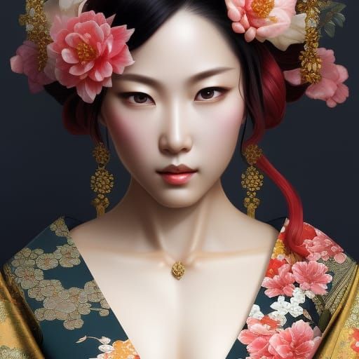 Muscular Japanese Woman Portrait in Hyperdetailed Digital Ar...