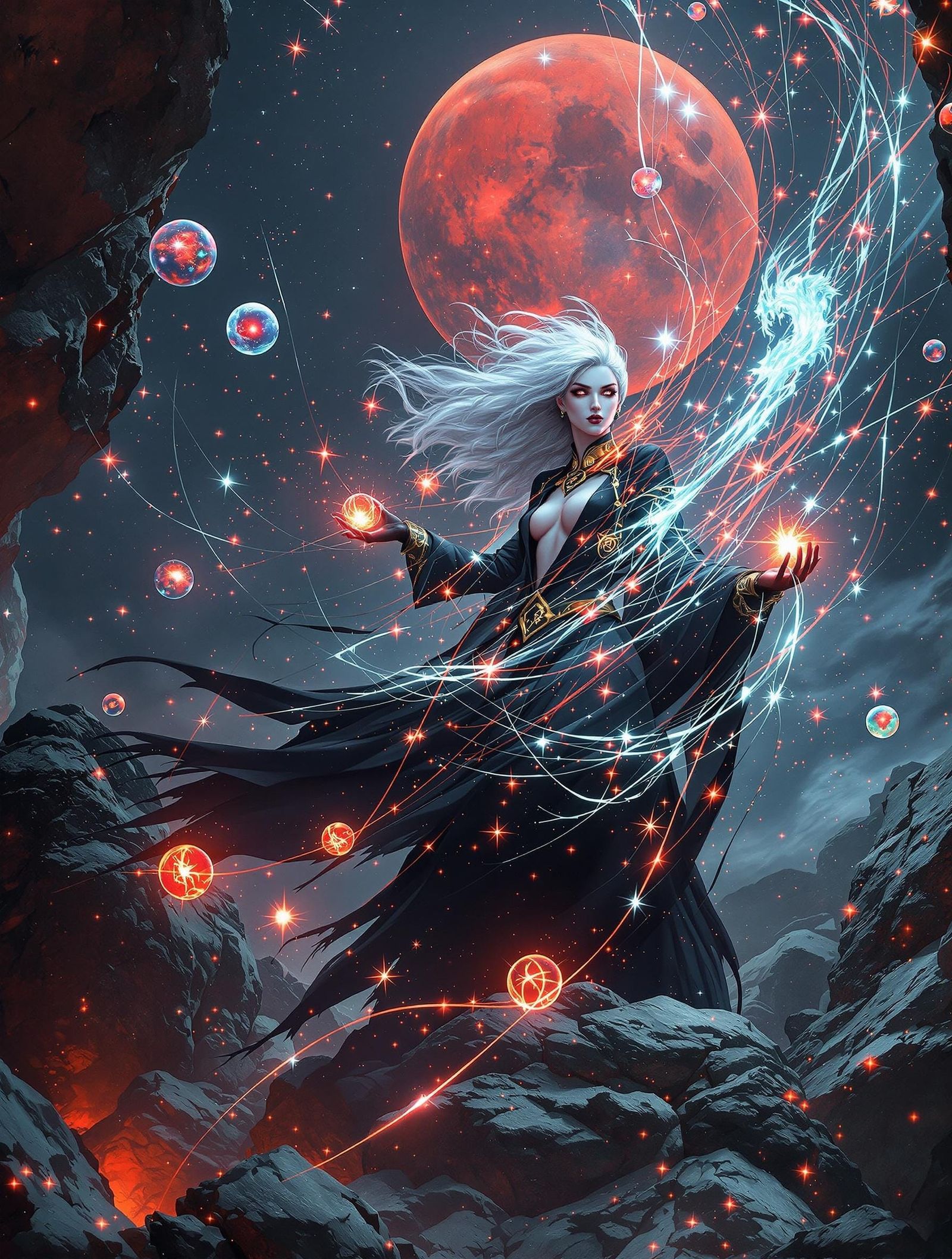 Surrealist Witch Weaves Cosmic Threads Under Blood Moon