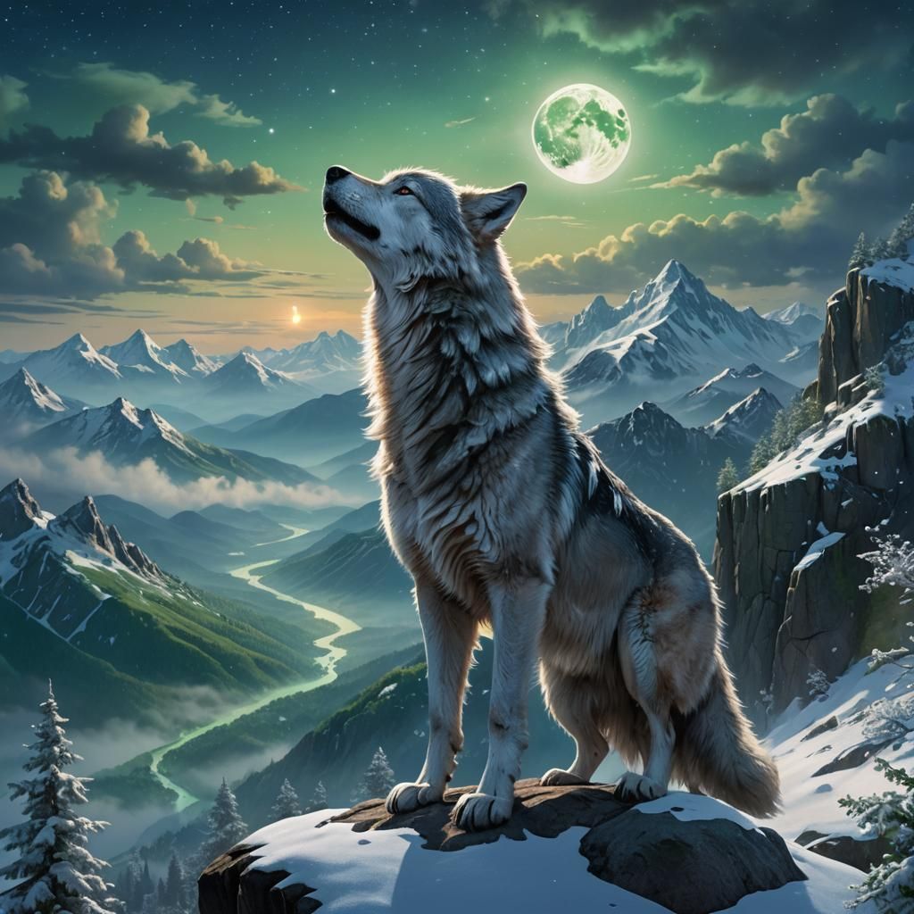 Silver Wolf Howling at Moon in Digital Painting