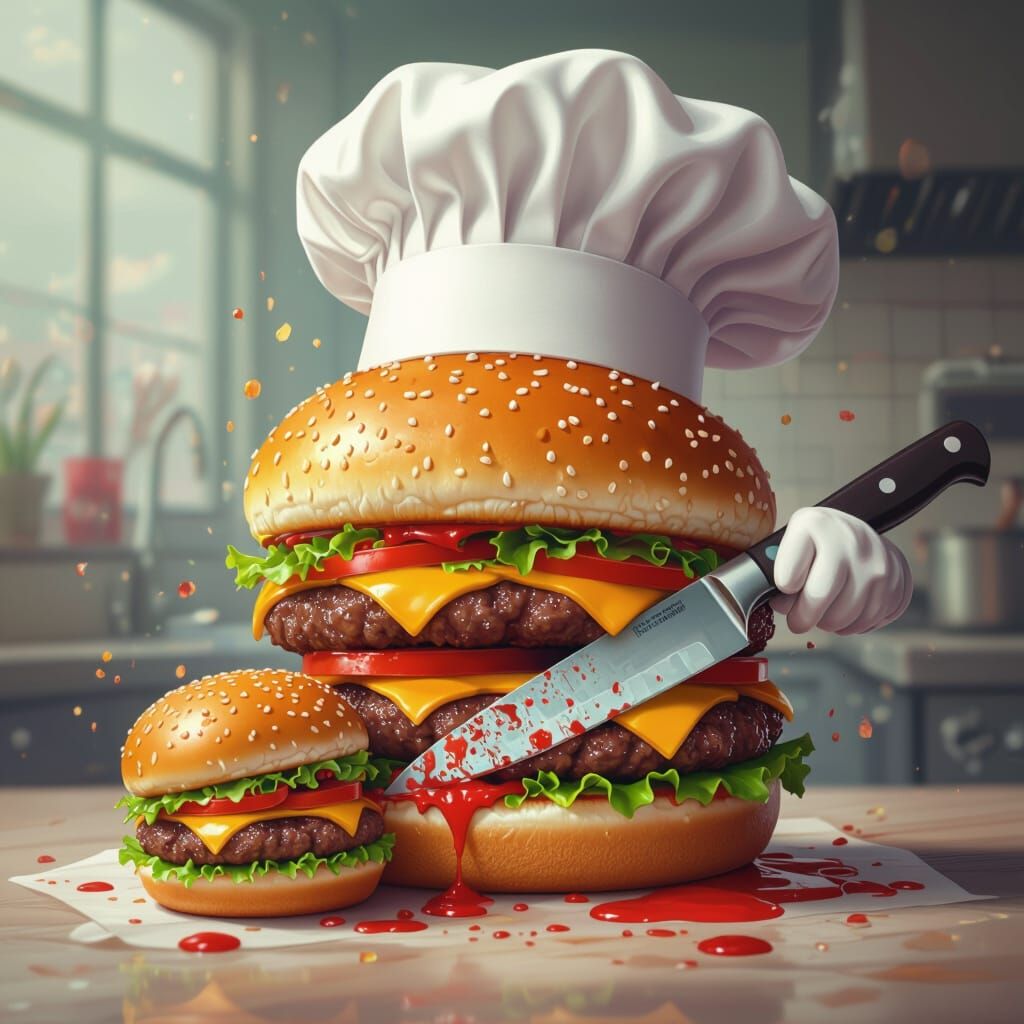 Hamburger Chef Eats Tiny Burger: Surreal Digital Art