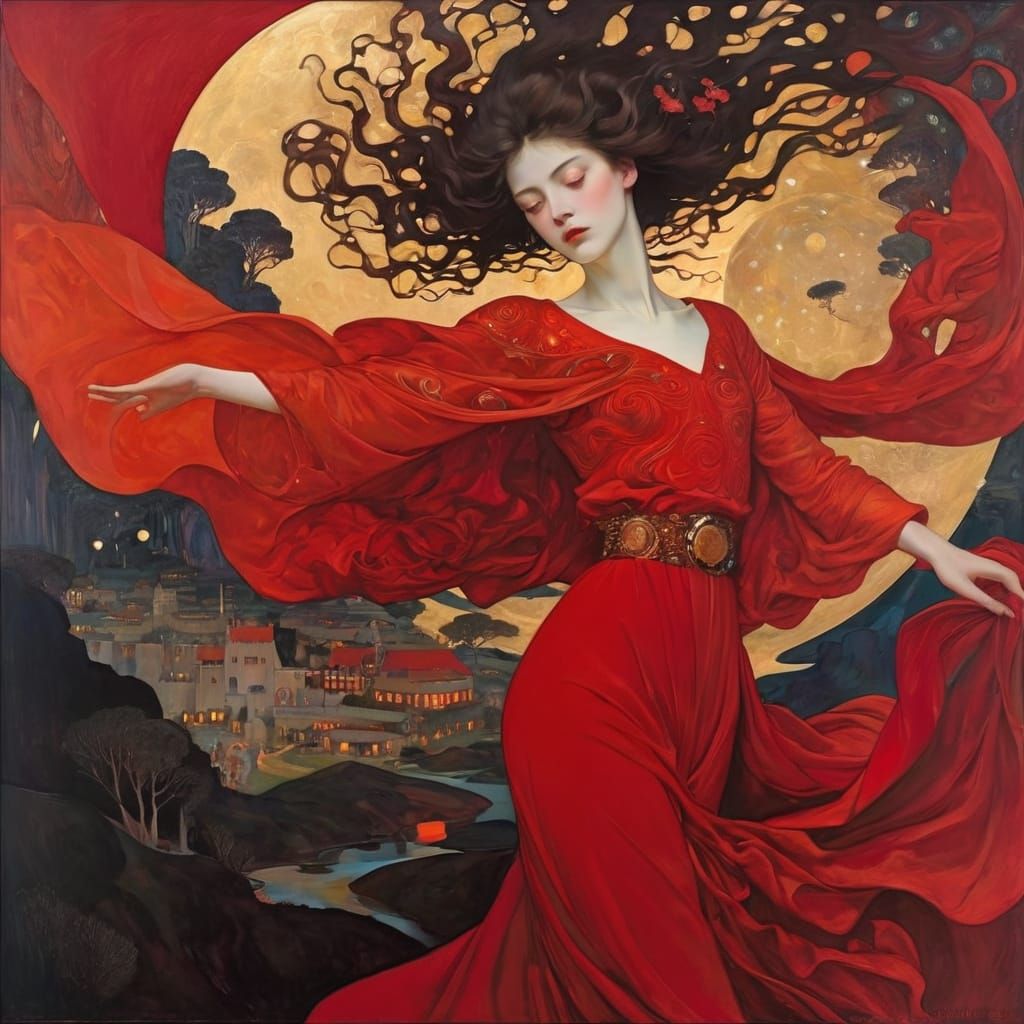 Fiery Red Abstract Painting in Art Nouveau Style