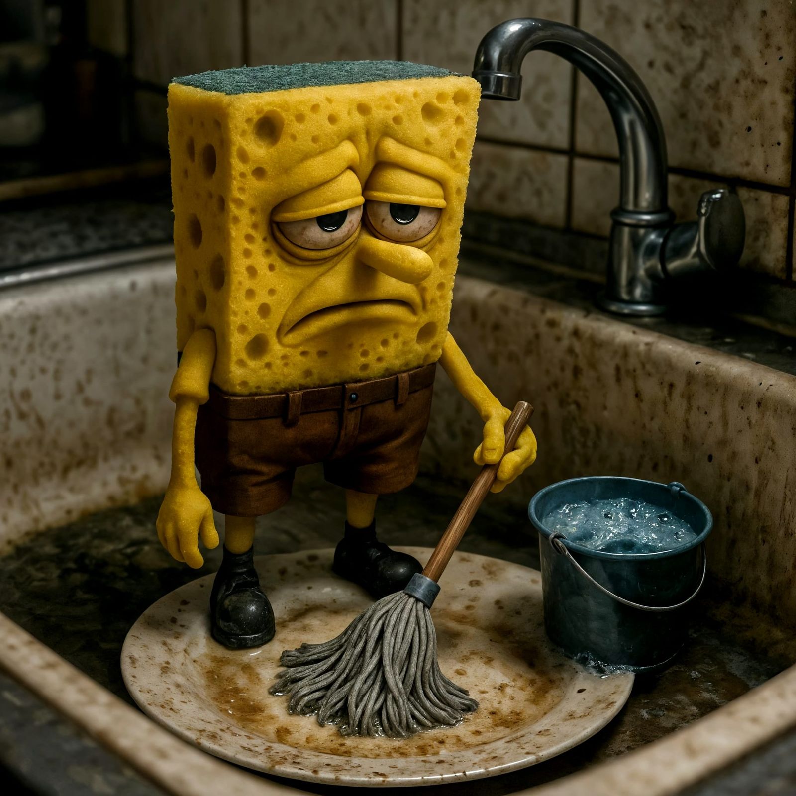 Exhausted SpongeBob in Hyperrealistic Sink