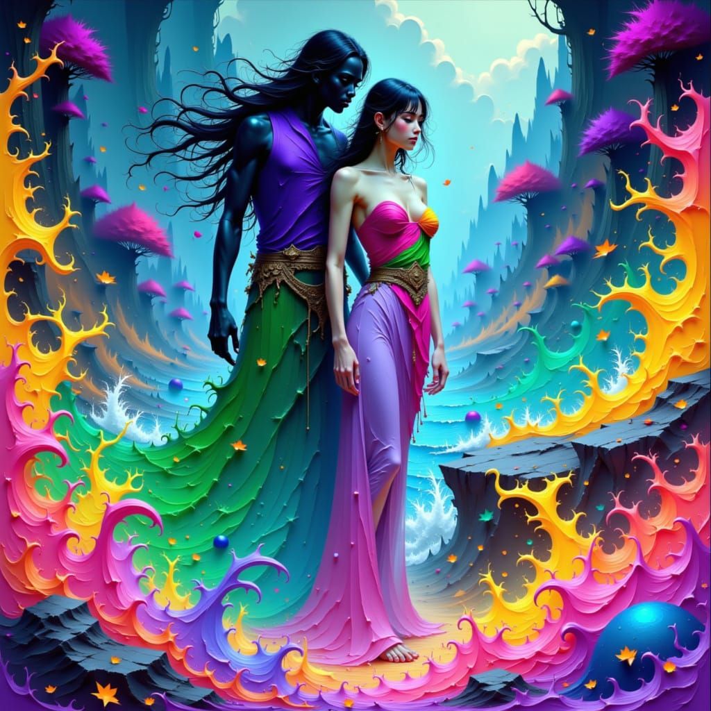 Couple Amidst Elemental Chaos in Fantastical Style