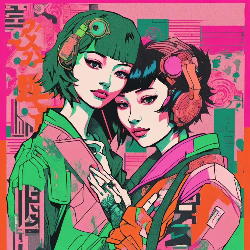 Anime Couple Collage with Cyberpunk Elements
