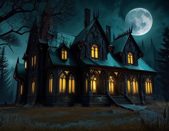 Dark Gothic Manor in Moonlight: 3D Render