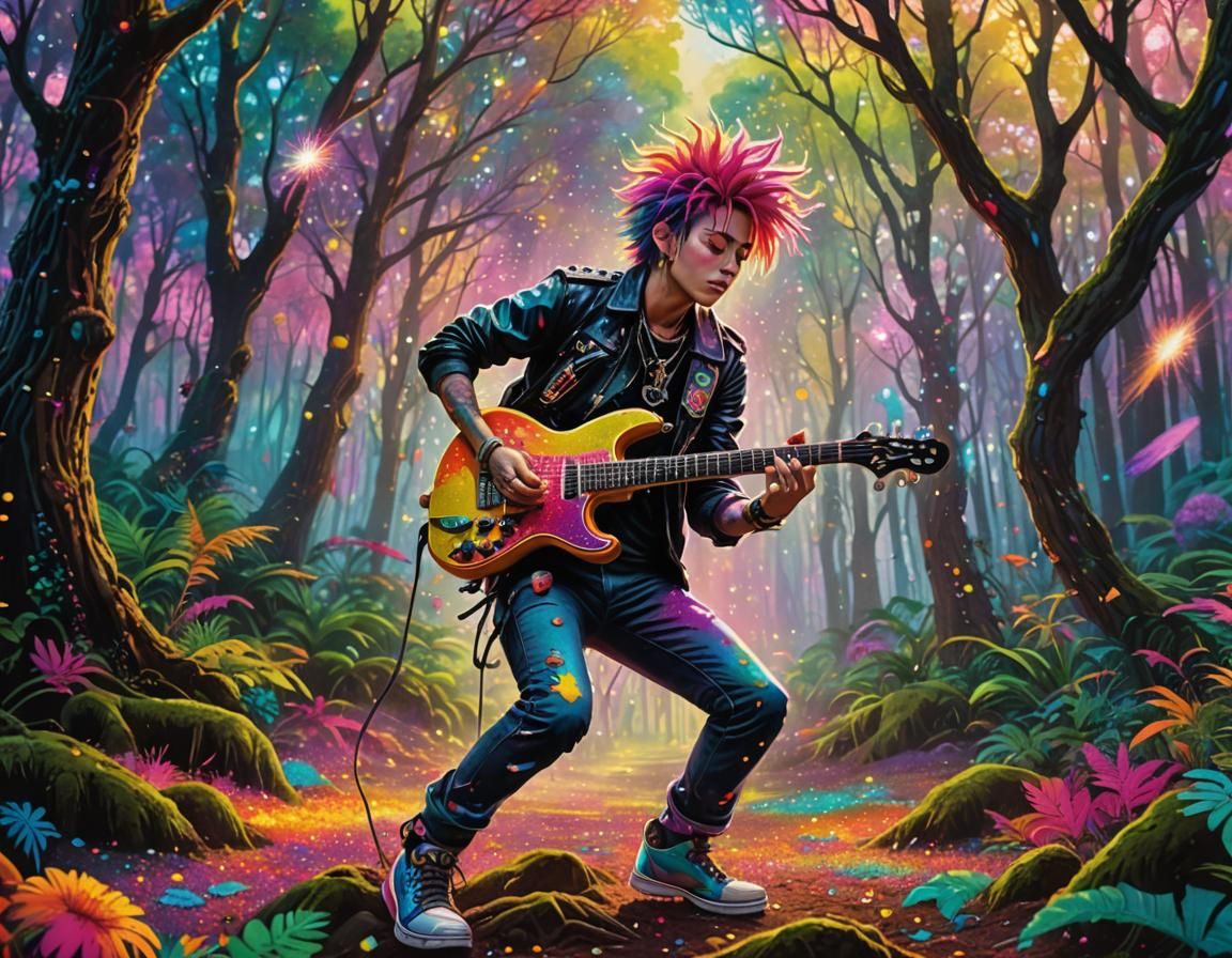 Punk Rocker Sprinkling Rainbow Dust in Psychedelic Forest