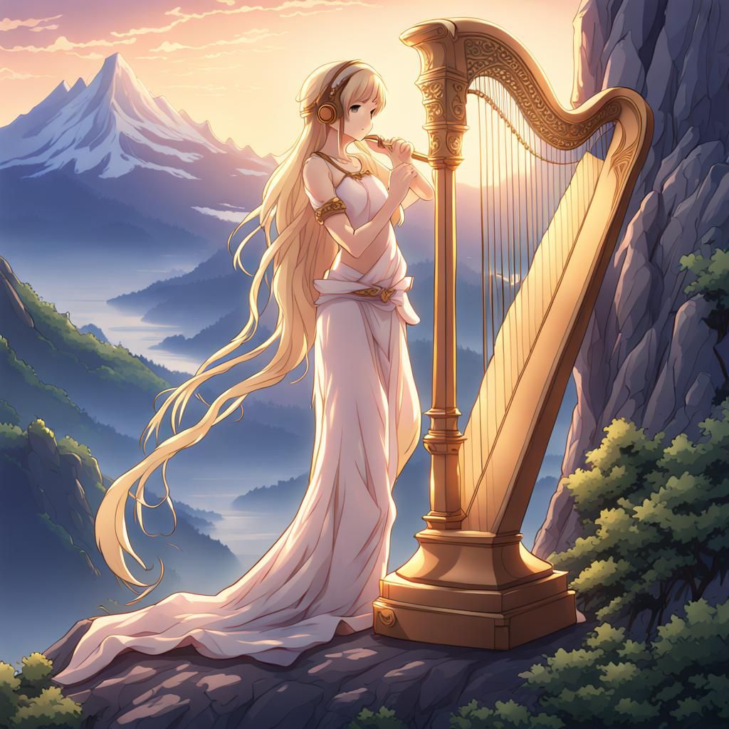 Venus Plays Harp at Dawn in Anime Style