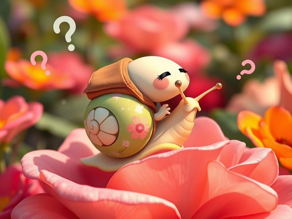 Cartoon Snail on Rose Petal in Whimsical Animated Style