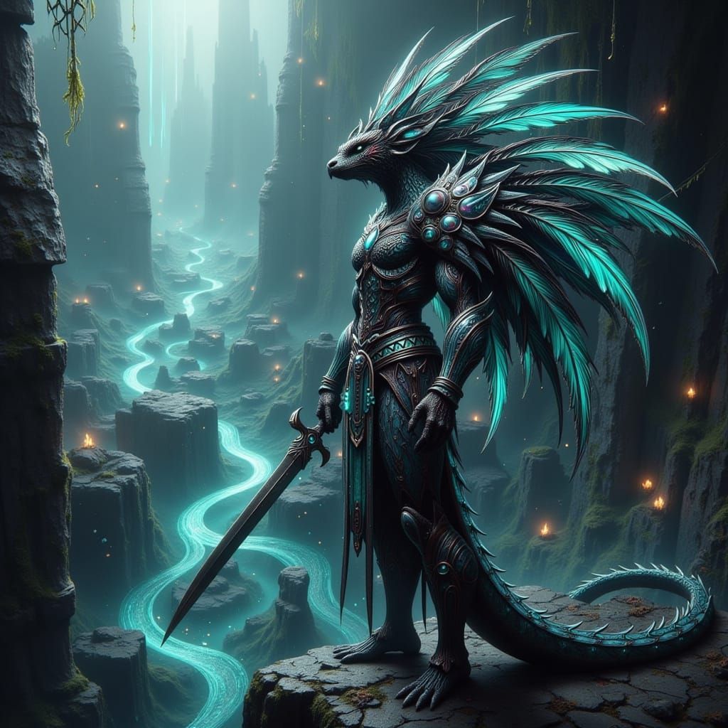 Serpentine Aztec Warrior, Quetzalcóatl-Inspired, in Cyberpun...