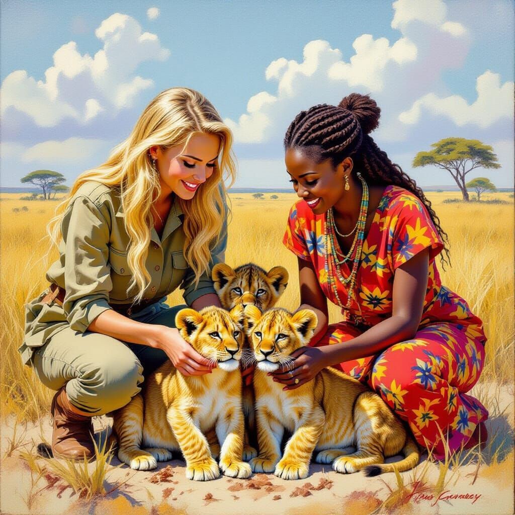 Women Protecting Lion Cubs in African Savannah Oil Painting
