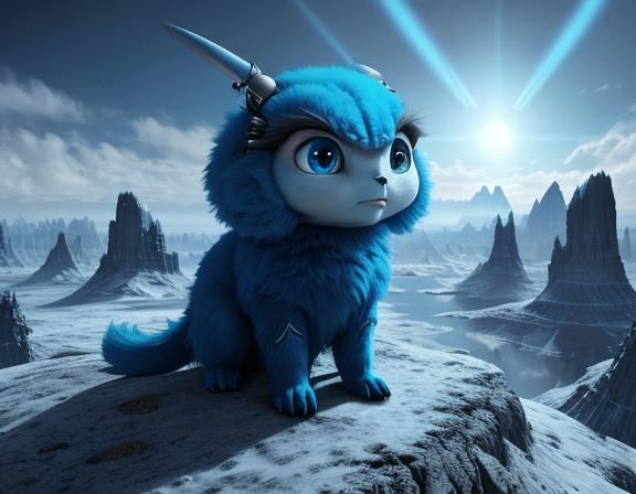 Fluffy Blue Alien Creature in Hyperreal Landscape