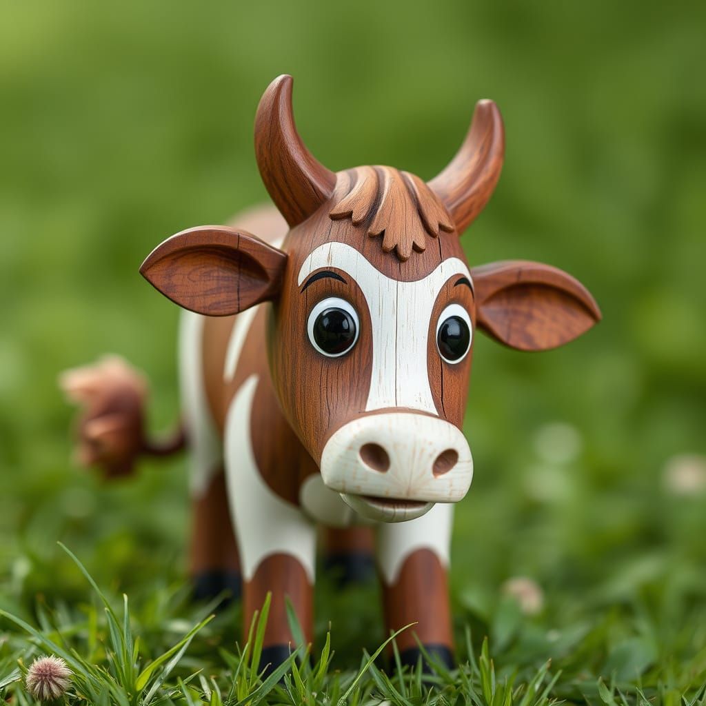 Intricately Detailed Wooden Cow Sculpture