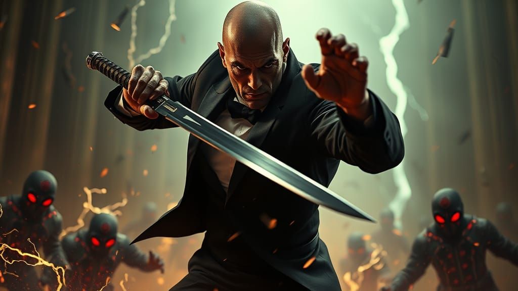 Bald Man in Black Suit Unleashes Powerful Attack