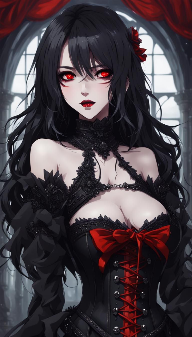 Anime Woman in Dark Castle with Red Accents
