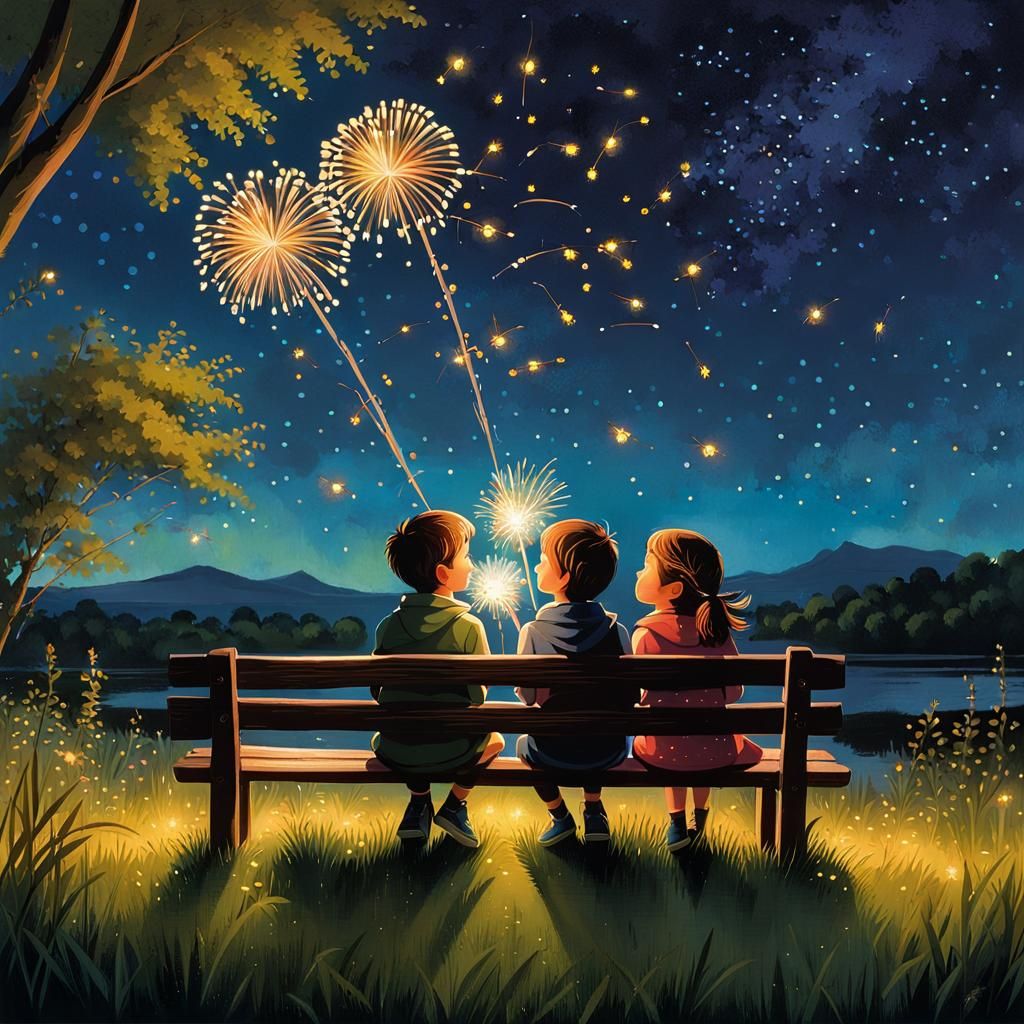 Children Watching Fireflies at Twilight