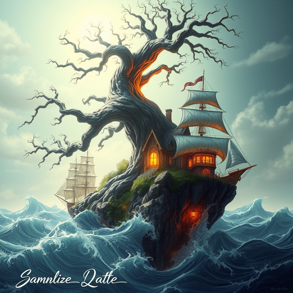 Floating Island Tree House in Dreamlike Scene