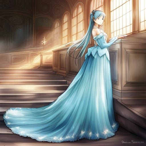 Anime Princess in Blue Ballgown