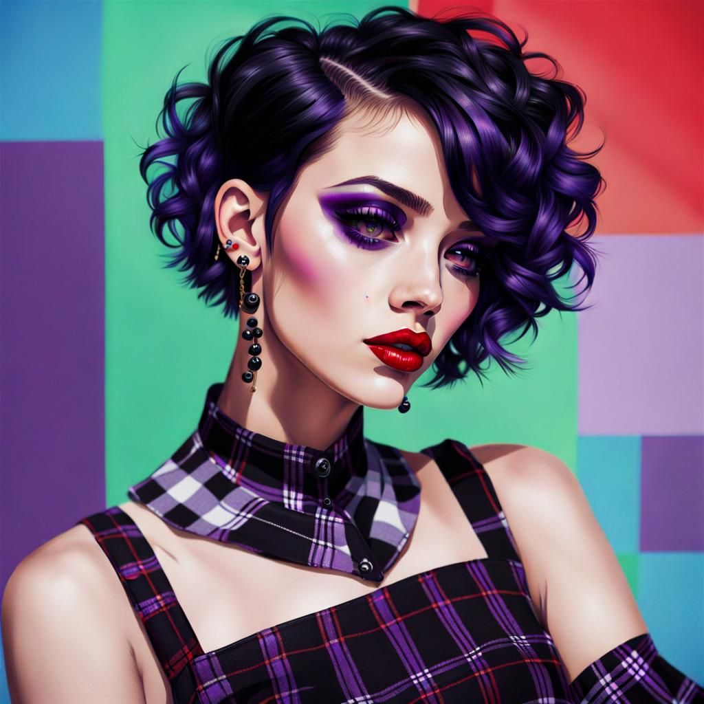 Goth Girl with Plaid Dress in Pop Art Style