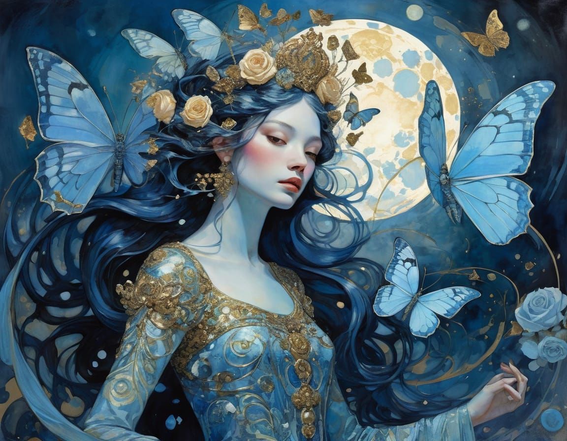 Celestial Muse in Golden Swirls, Crowned with Roses