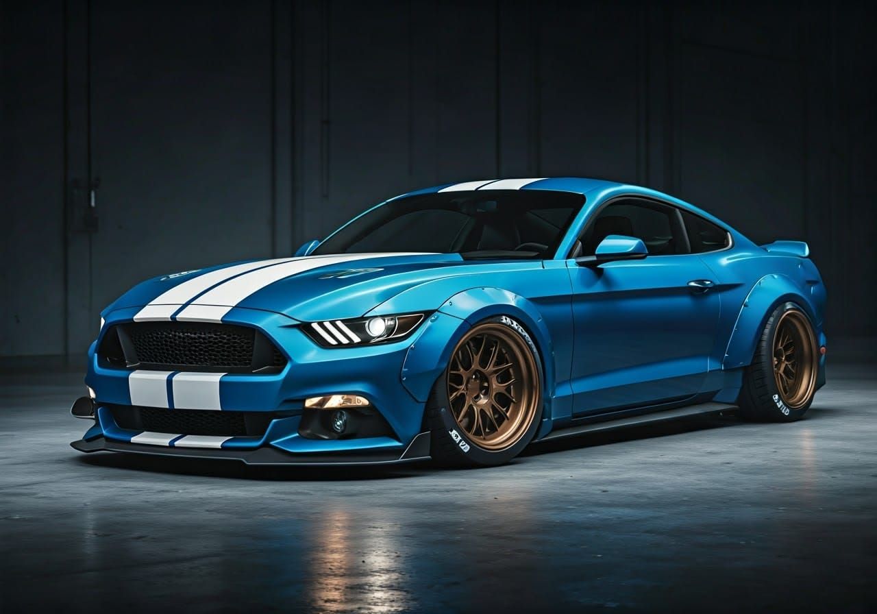 Sleek Metallic Blue Mustang in Cyberpunk Garage