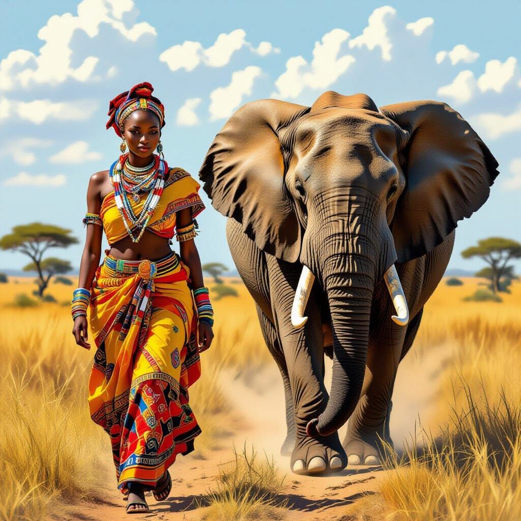 African Woman and Elephant in Savannah Landscape