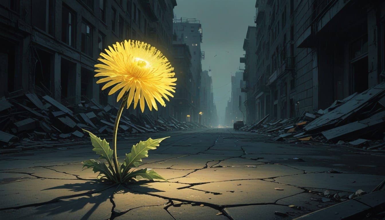 Psychedelic Dandelion in Post-Apocalyptic Cityscape