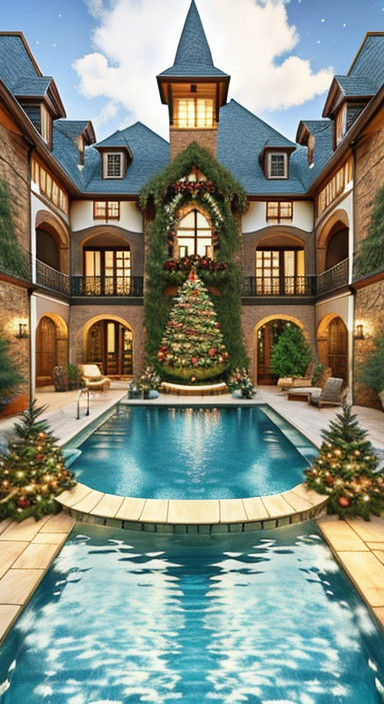 Surreal Christmas Infinity Pool in Escher-Inspired Landscape