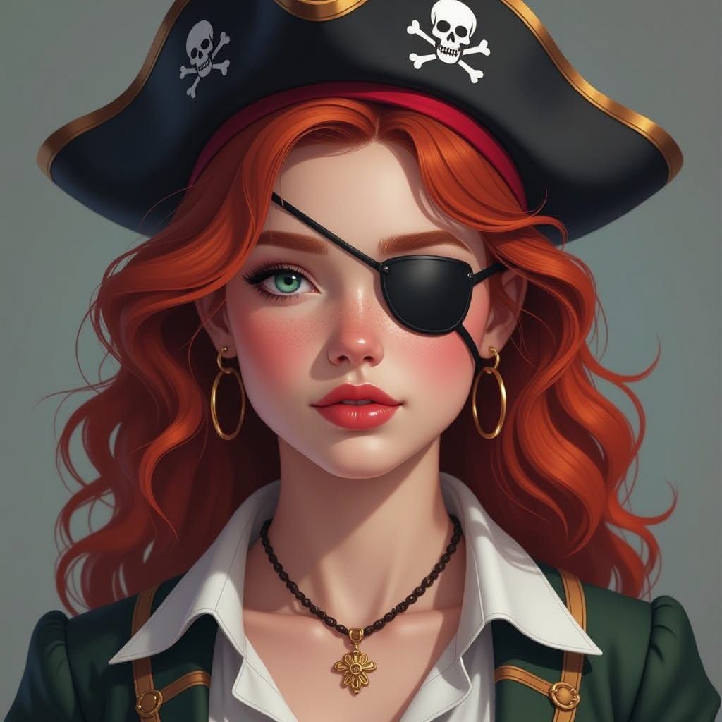 Redhead Teen Pirate Girl with Eye Patch in Dramatic Light