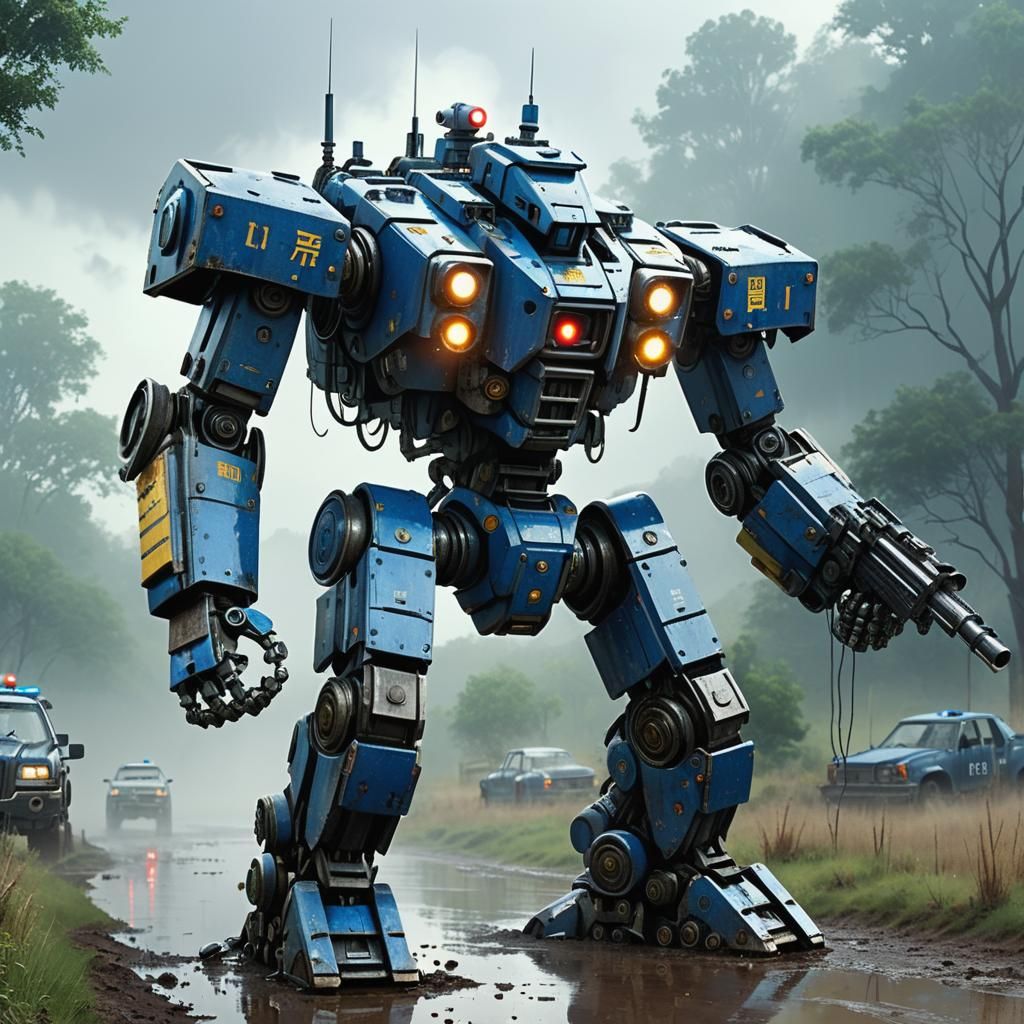 Realistic Mecha Police Robot in Apocalyptic Landscape