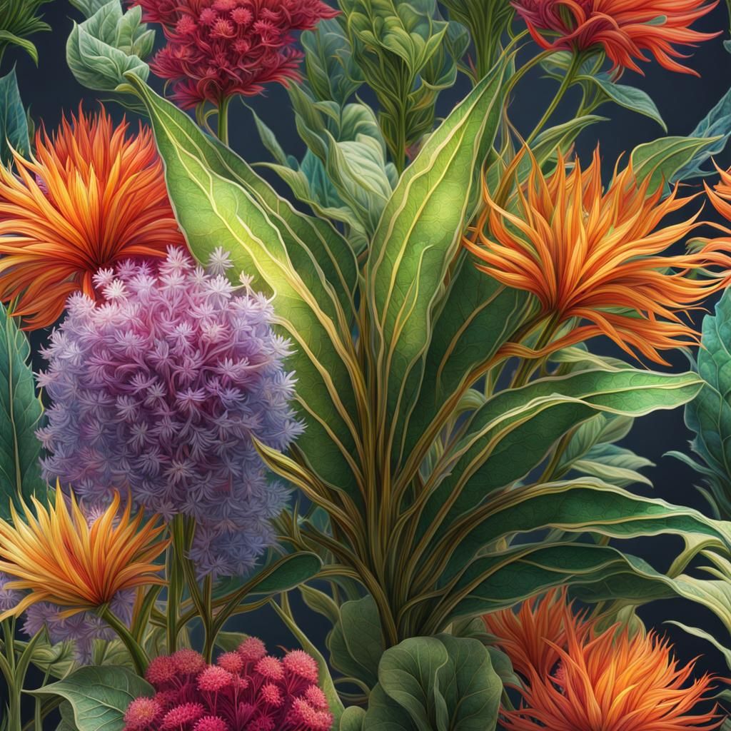 Hyperreal Glowing Plant with Botanical Sketches