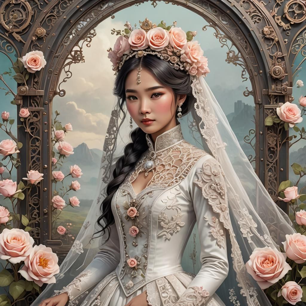 Enchanting Steampunk Asian Bride in Pixar Style