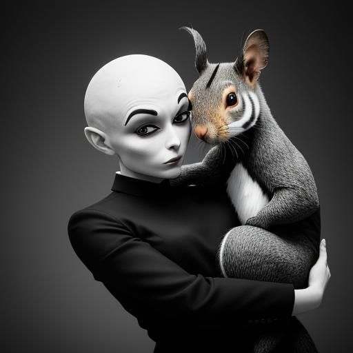 Sinister Mime Hugs Giant Squirrel: Black and White Photo