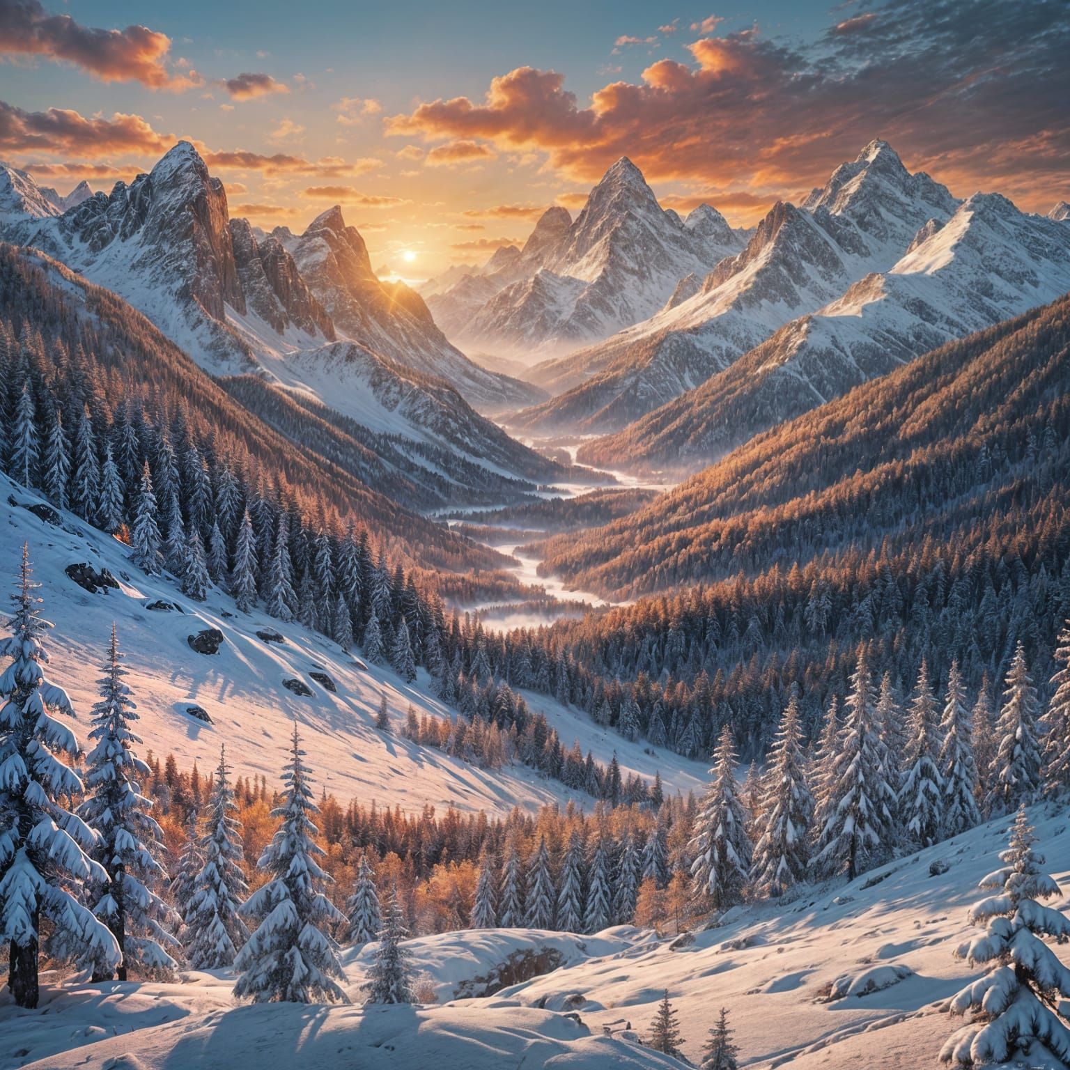 Winter Sunset Forest: Detailed Matte Painting