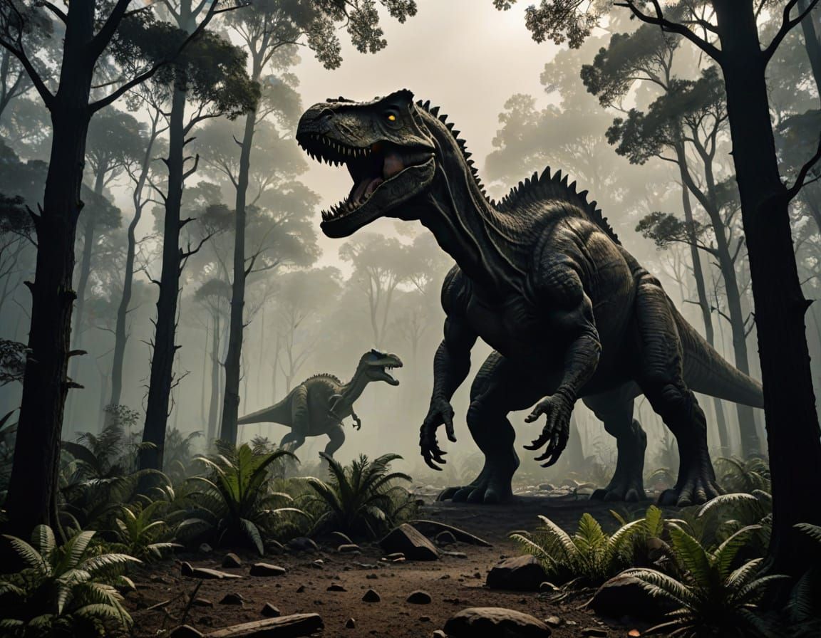 Mighty Winged Dinosaur Silhouette in Foggy Forest