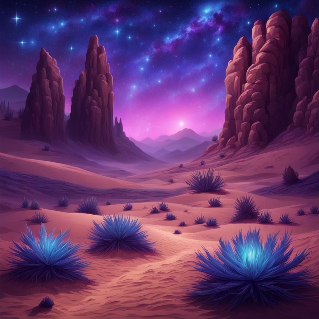 Hyper-Realistic Desert Landscape Under Starry Night