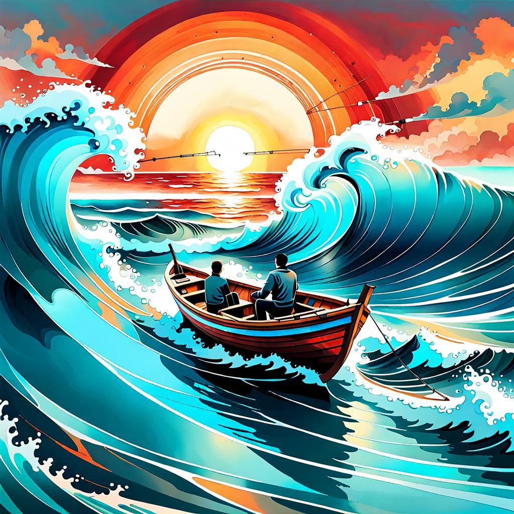 Fishing Boat on Aquamarine Ocean: Watercolor Illustration