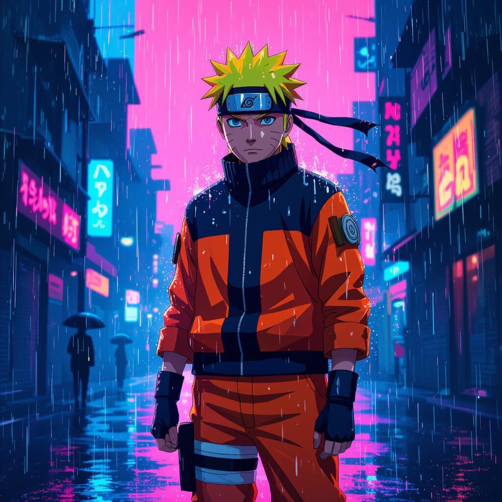 Naruto in Rain with Neon Cyberpunk Background