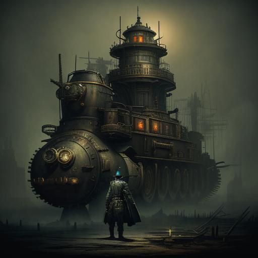 Steampunk Soldier with Tank in Ink Painting Style