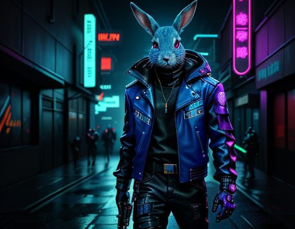 Cyberpunk Mercenary Rabbit in Neon Noir Style