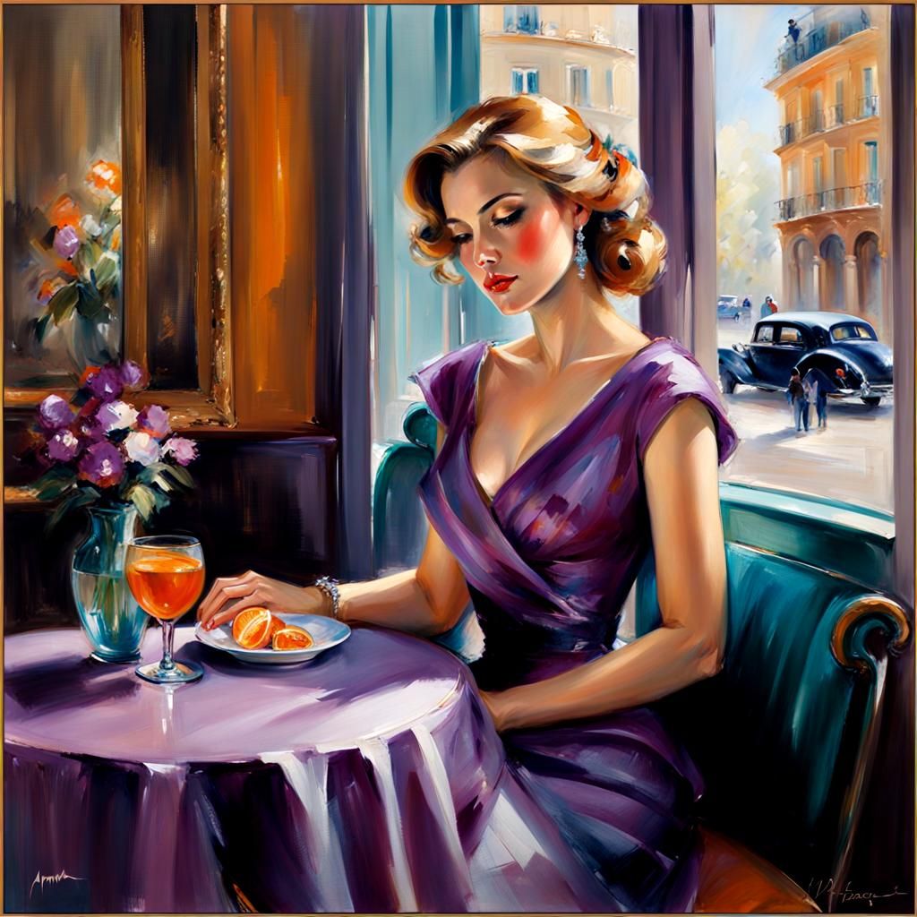Woman in Purple Dress: Oil Painting in Cafe