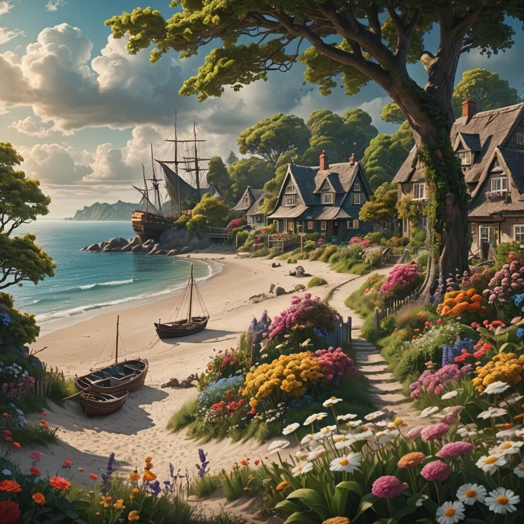 Picturesque Beach Village in Digital Matte Painting