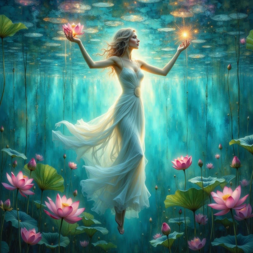 Girl Ascends Through Underwater Lotus Forest in Golden Light