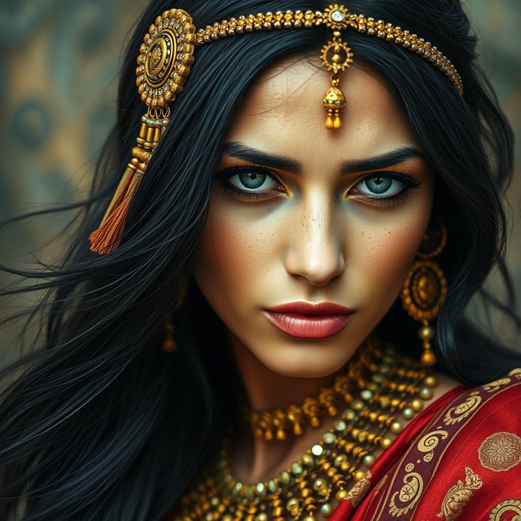 Nomadic Princess Portrait with Gold Leaf in Art Nouveau Styl...