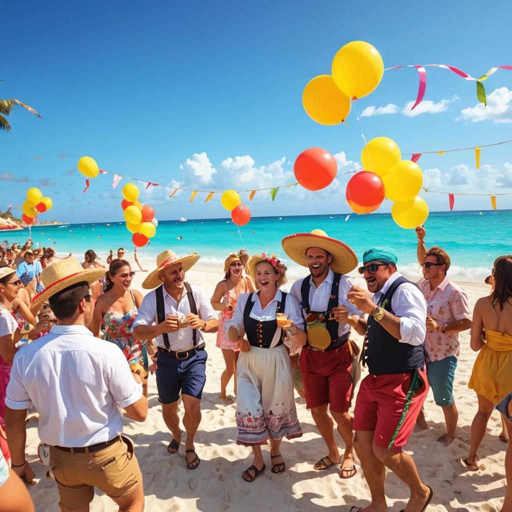 Oktoberfest Beach Party in Cancun, Colourful Illustration
