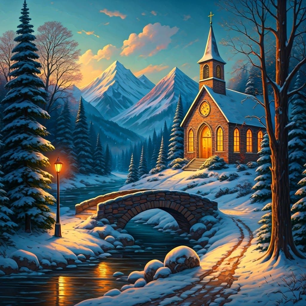 Winter Baroque Mountain Scene with Pine Trees and Church