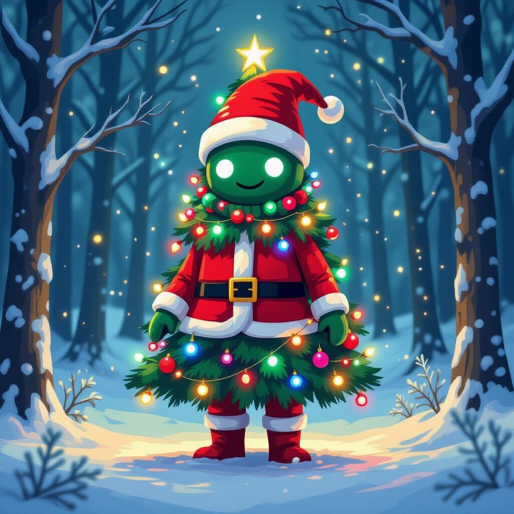 Whimsical Christmas Tree Person in Snowy Forest