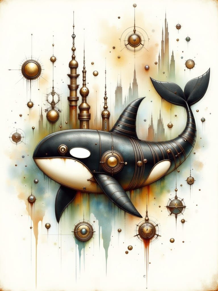Whimsical Steampunk Orca Whale in Dreamlike Watercolor