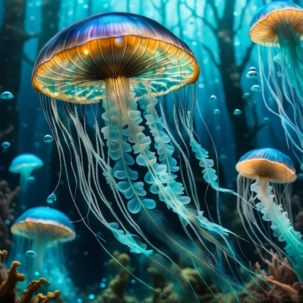 Enchanted Forest: Iridescent Fish and Bioluminescent Mushroo...