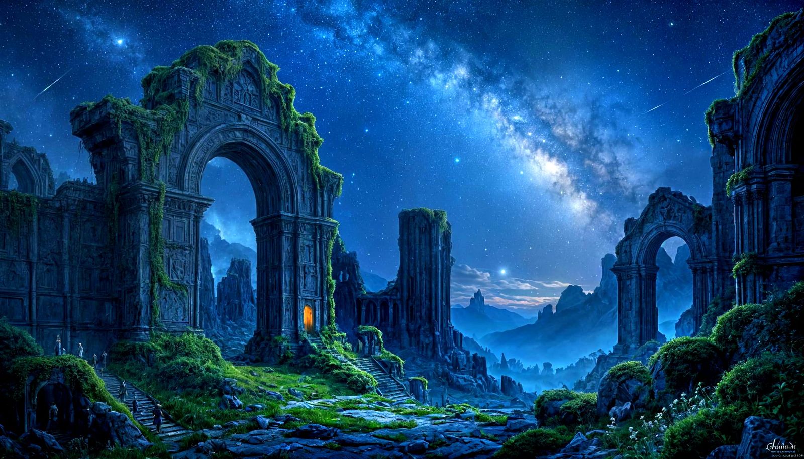Elven Ruins Under Starry Skies: A Hyper-Realistic Scene
