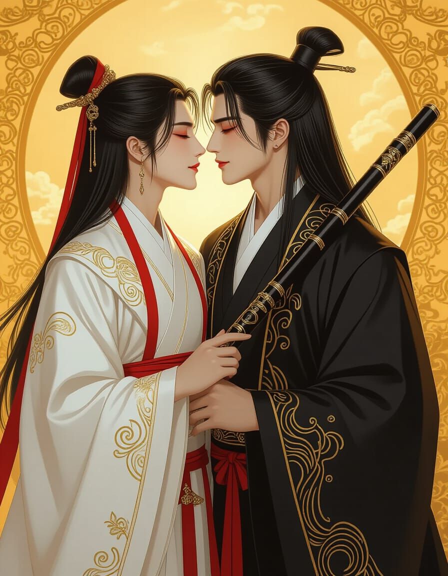 Kissing Figures in Hanfu with Golden Backdrop